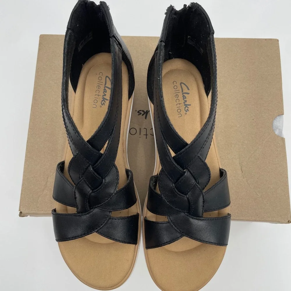 Clarks Jillian Bright Sandals Womens 7.5 Black Leather Wedge Braided Chic Trendy